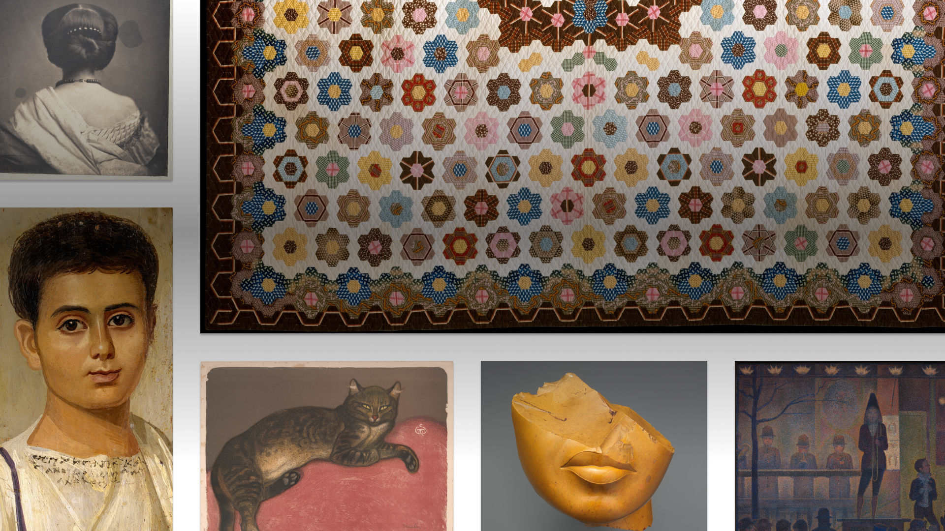 Composite image of several Open Access artworks including a honeycomb patterned quilt, a pointillist painting, an Egyptian head fragment, a cat illustration, and two portraits